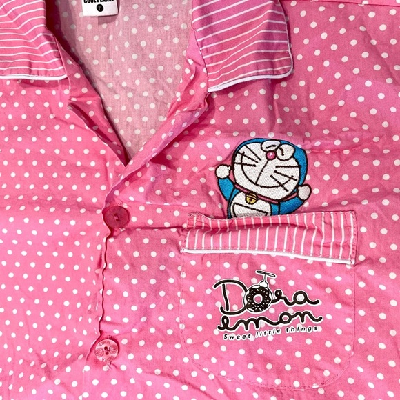 Doraemon Manga Anime Robotic Cat Shirt Sleep Wear Button Down Cool Planet Pink - Picture 2 of 10